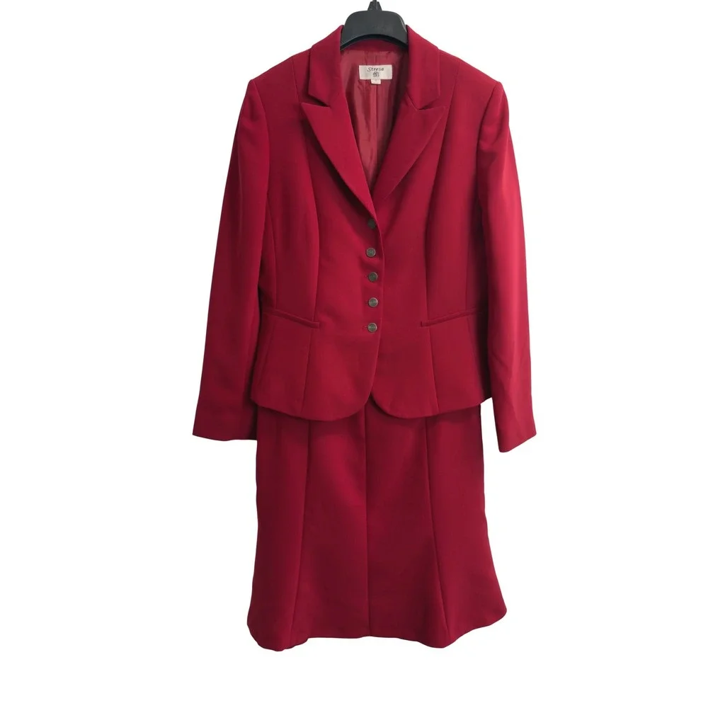 Stresa Womens Red 2 Piece Skirt Suit Set Blazer and A-Line Skirt Size 10